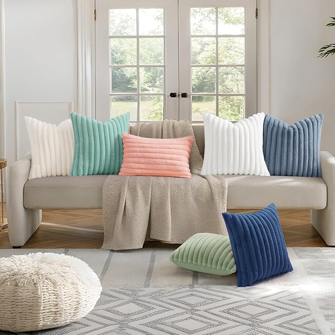 decorUhome Faux Fur Spring Throw Pillow Covers 24x24 Set of 2, Decorative Soft Plush Striped Neutral Couch Euro Sham Pillow Covers with Velvet Back for Sofa, Bed, Living Room Home, Aqua