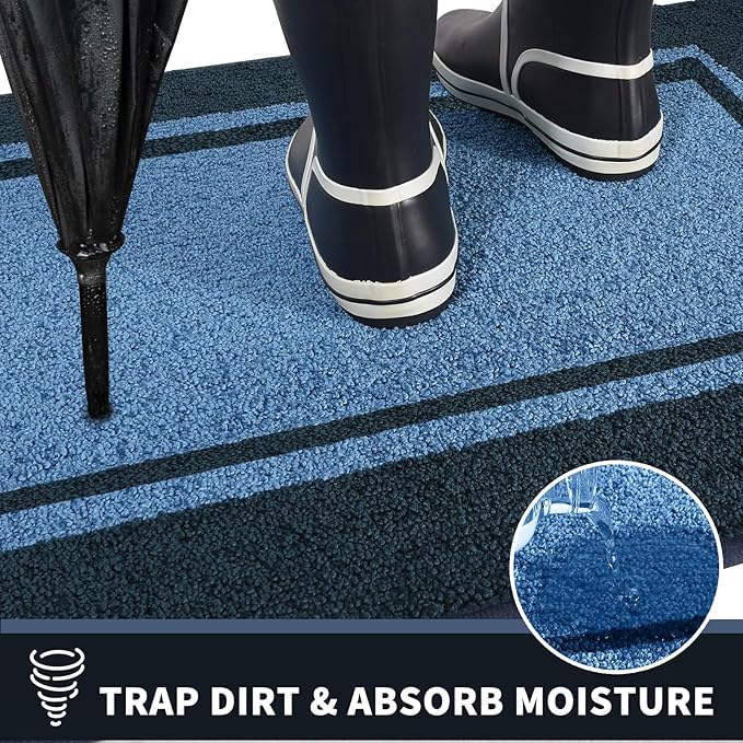PURRUGS Dirt Trapping Door Mat 24" x 84", Non-Slip Machine Washable Entryway Rug, Entrance Mat, Indoor Front Door Mat, Super Absorbent Entry Rug for Muddy Shoes & Paws, Light Blue & Navy