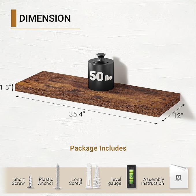 Vivelove 12" Deep Floating Shelves for Wall, [Wood Grain Texture] 35.4" Long Wall Shelves for Living Room Bedroom Bathroom Kitchen Office, Farmhouse Rustic Shelves Home Decor, Set of 2, Rustic Brown
