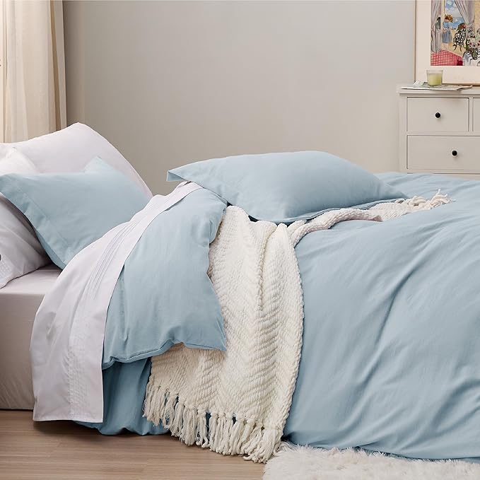 Bedsure Sky Blue Duvet Cover Full Size - 3 Pieces Prewashed Extra Soft Cotton-Like Bedding Set, Includes 1 Duvet Cover 80x90 Inches with Zipper Closure & 2 Pillow Shams, Comforter Not Included