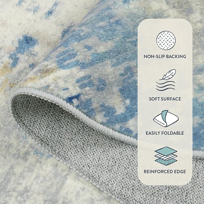 Lahome Modern Abstract Rug Runners for Hallways Non Slip, 2x7 Carpet Runner Rug for Kitchen Non Skid Washable, Soft Floor Mat for Bathroom Bedside Entrance RV, Blue/Yellow/Ivory