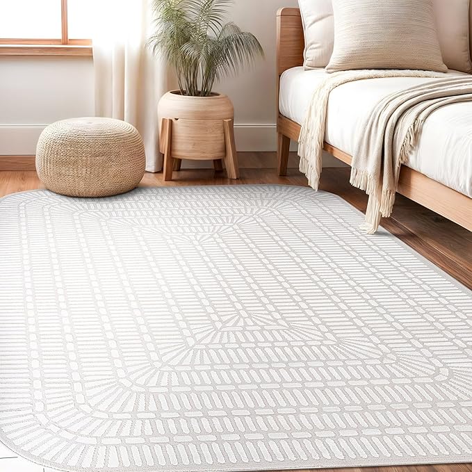 Beverly Rug Modern Geometric Area Rug 6x9 Low-High Pile Durable Soft Abstract Grid Indoor Rugs for Living Dining Room Office Stain Resistant Non Shedding Casual Indoor Carpet Beige White 6 x 9
