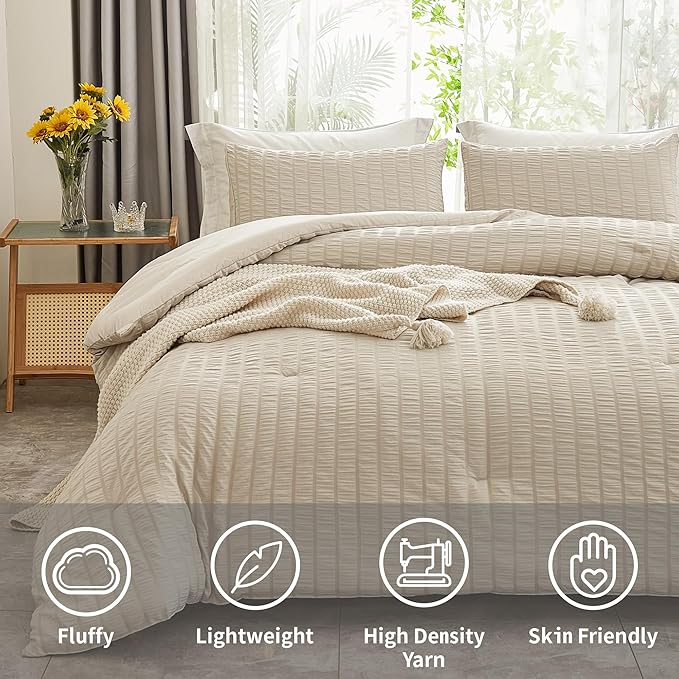 AveLom Beige Seersucker King Comforter Set (104x90 inches), 3 Pieces-100% Soft Washed Microfiber Lightweight Comforter with 2 Pillowcases, All Season Down Alternative Comforter Set for Bedding