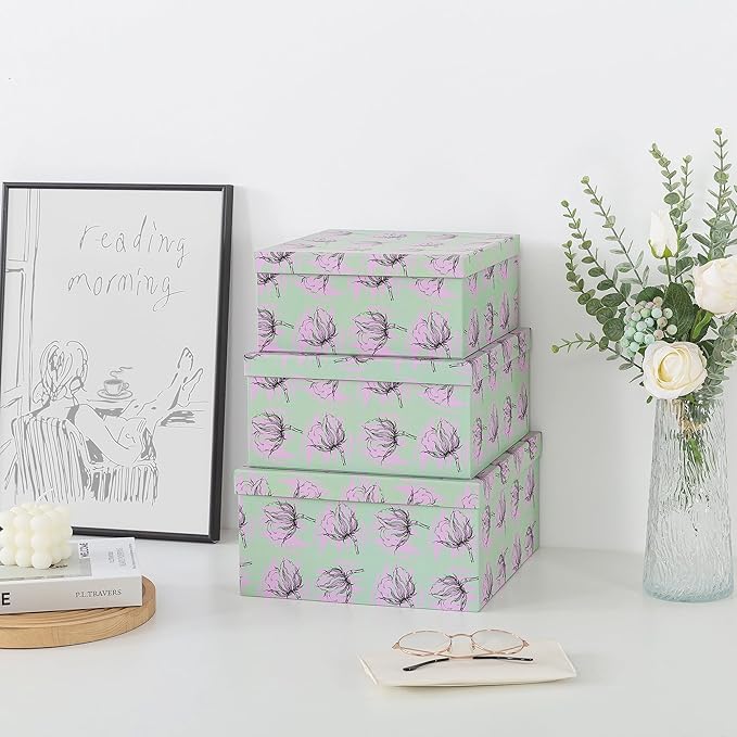 Soul & Lane Set of 3 Decorative Boxes with Lids, Square 11" x 11" Nesting Cardboard Storage for Home Décor in Green, Keepsake and Memory Boxes for Organizing, Sage Garden