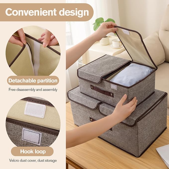 Linen Storage Boxes with Removable Dividers, 2-Pack Large Foldable Organizer Bins, Gray Fabric Containers with Handles for Clothes, Blankets, Underwear Storage (Green, 2Pack*37.5L)