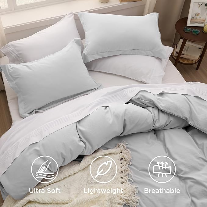 Bedsure Light Grey Duvet Cover King Size - 3 Pieces Prewashed Cotton-Like Extra Soft Bedding Set, Includes 1 Duvet Cover 104x90 Inches with Zipper Closure & 2 Pillow Shams, Comforter Not Included