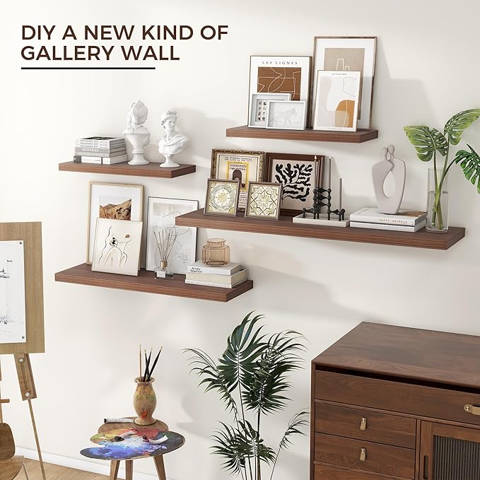 Floating Shelves for Wall 24"W x 6.7"D x 1.37"H, Engineered Wood Wall Shelves with Invisible Brackets for Living Room Bedroom Bathroom Office Kitchen Decor and Storage, Walnut Finish, Set of 2