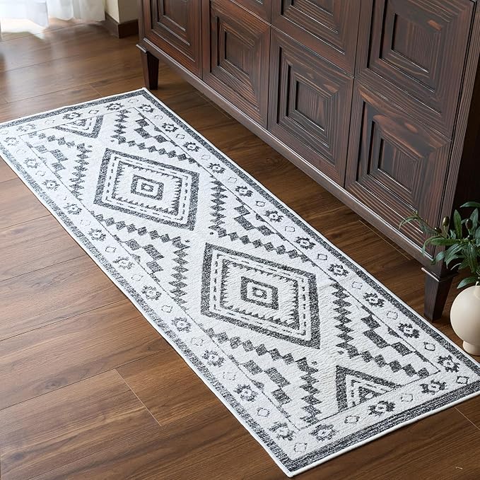 RAMEFILD Moroccan Washable Runner Rug 2x6, Geometric Woven Area Rug, Farmhouse Boho Accent Rug Runner for Hallway, Non-Slip Soft Throw Mat for Bedroom Laundry Entryway, Black and White