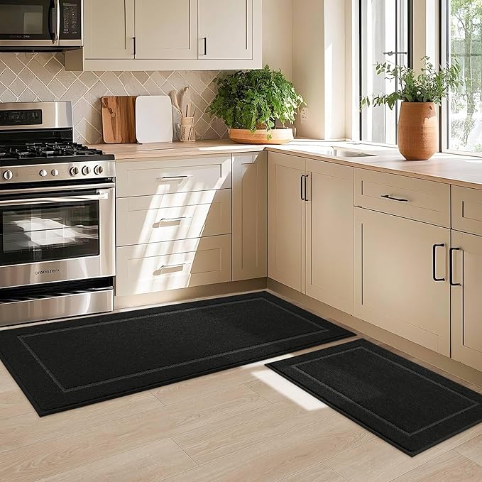 JSEI Non-Slip Kitchen Mats, Self Adhesive No Sliding Kitchen Rugs Set of 2, Washable Absorbent Floor Mat for Kitchen, Bathroom, Laundry Room, Bedroom, 20”x32”+32”x48”, Black, Rectangular Pattern