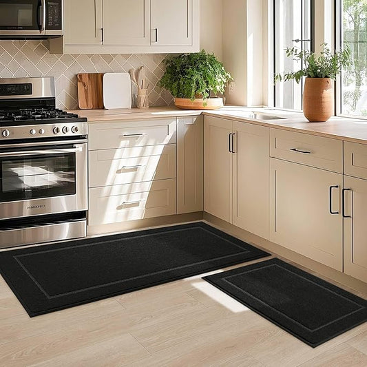 JSEI Non-Slip Kitchen Mats, Self Adhesive No Sliding Kitchen Rugs Set of 2, Washable Absorbent Floor Mat for Kitchen, Bathroom, Laundry Room, Bedroom, 20”x32”+32”x48”, Black, Rectangular Pattern