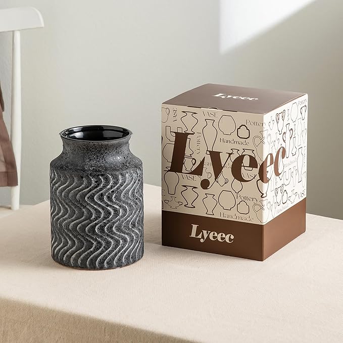 Rustic Vases for Home Decor. Ceramic Vase for Dining Table Decor. Terracotta Decorative Vase - 7.8inch Black Vintage Fall Flower Vase - Rustic Table Vases