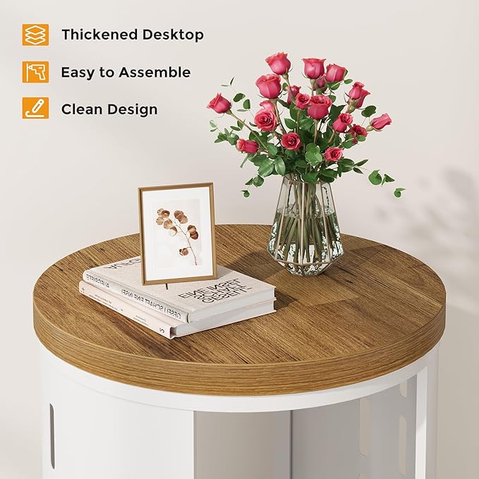 Rustic Round End Table, 2-Tier Side Table with Storage Shelf, Small Nightstand for Living Room and Small Spaces, White Metal Frame (Light Brown, Set of 1)