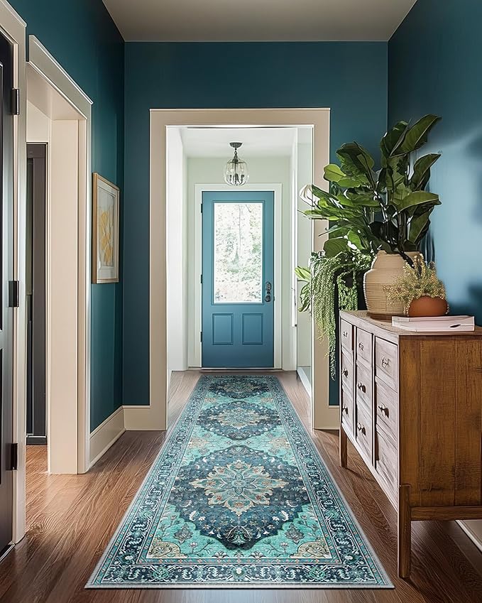RELEANY Area Rugs 2'x8' Washable Non-Slip, Floral Vintage Distress Print Pattern Medallion Carpet for Living Room Bedroom Dining Room, Teal Green Lake Blue Turquoise