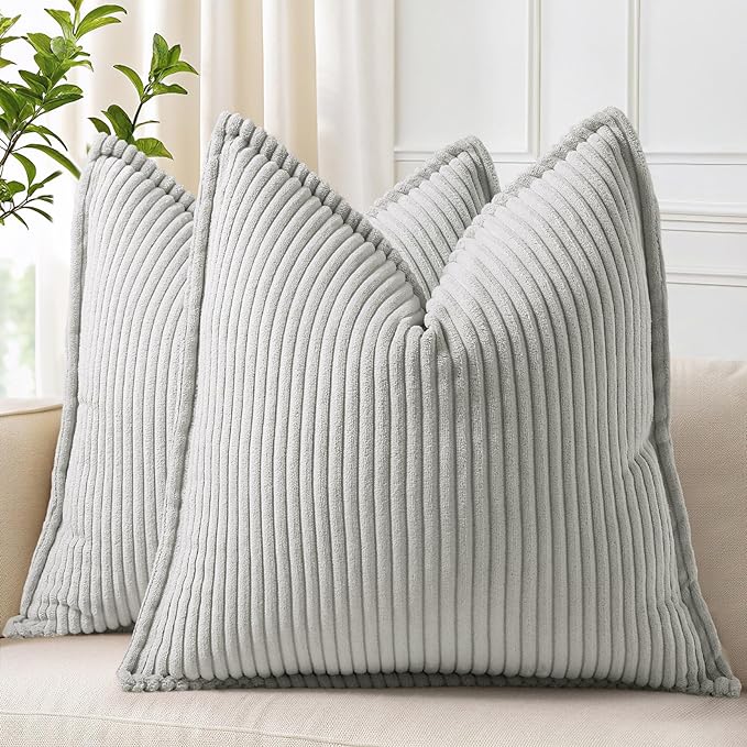 decorUhome Spring Corduroy Grey Throw Pillow Covers 16x16 Set of 2 Decorative Soft Boho Farmhouse Couch Pillow Covers for Living Room Bed Sofa Broadside Striped Pillow Cases