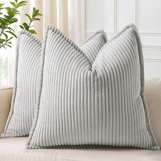 decorUhome Spring Corduroy Grey Throw Pillow Covers 16x16 Set of 2 Decorative Soft Boho Farmhouse Couch Pillow Covers for Living Room Bed Sofa Broadside Striped Pillow Cases