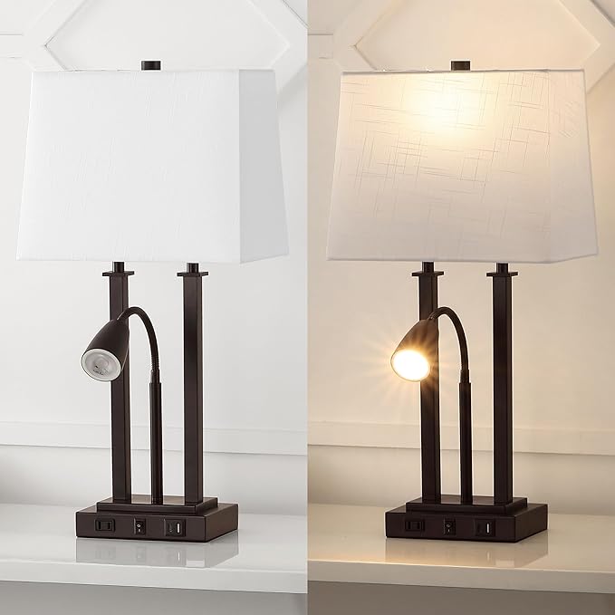 JONATHAN Y JYL1144A Blaire 23.75" 2-Light Modern Farmhouse Metal LED Table Lamp with USB Charging Port for Bedroom, Living Room, Office, Adjustable Reading Light and AC Outlet, Oil Rubbed Bronze