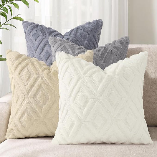 decorUhome Pack of 4 Faux Fur Throw Pillow Covers 16x16, Soft Decorative Couch Pillow Covers with Velvet Back for Modern Sofa Living Room, Grey/Beige