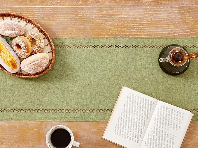 Burlap Style Farmhouse Table Runner, 13 x 60 Inch Sage Green, Rustic Geometric Hollow Table Runners 60 Inches Long for Dresser Table Everyday Use, 13x60 Inches, Sage Green