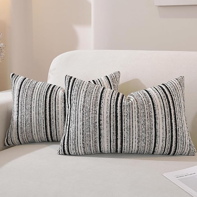 QDTTSRY Chenille Throw Decorative Pillow Covers 20x12 Set of 2, Textured Striped Boho Couch Pillow Covers, Cozy Neutral Farmhouse Cushion Cover for Couch Sofa Bedroom Living Room, Black