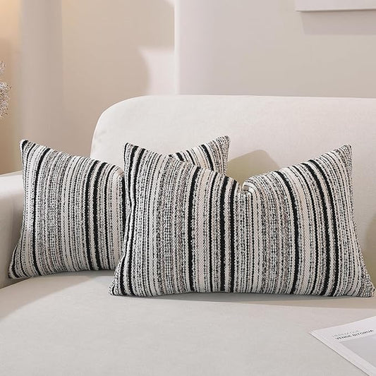 QDTTSRY Chenille Throw Decorative Pillow Covers 20x12 Set of 2, Textured Striped Boho Couch Pillow Covers, Cozy Neutral Farmhouse Cushion Cover for Couch Sofa Bedroom Living Room, Black