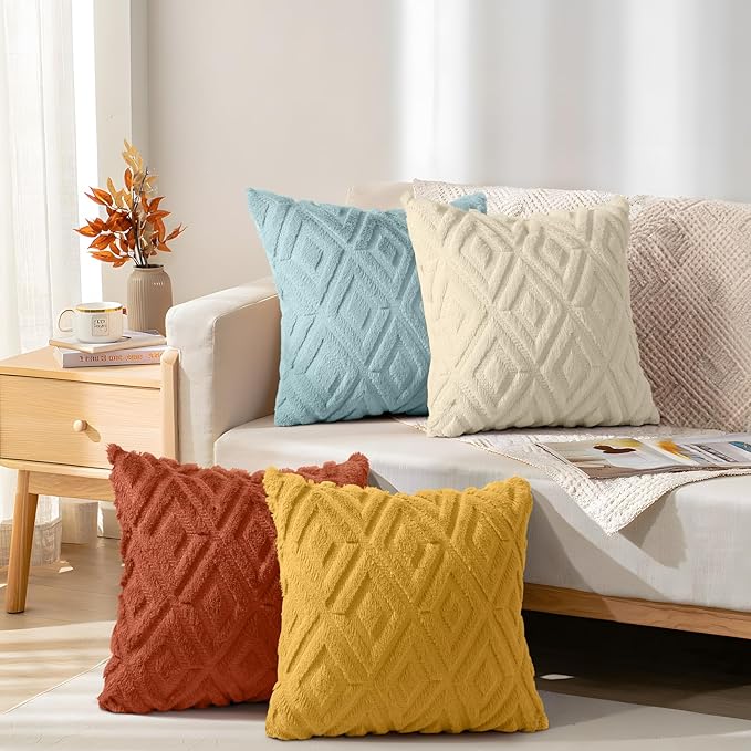decorUhome Pack of 4 Faux Fur Throw Pillow Covers 16x16, Soft Decorative Couch Pillow Covers with Velvet Back for Modern Sofa Living Room, Yellow/Rust