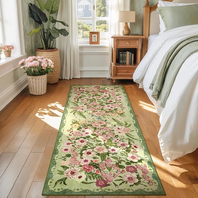 AREAMAY Floral Runner Rug 2x6 - Washable Vintage Bedroom Runner Rug Low Pile Non-Slip Carpet for Entryway Hallway, Laundry, Bathroom, Kitchen - Soft, Stain Resistant Indoor Area Rug - Green