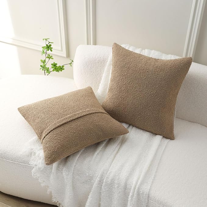 FUTEI Pack of 2 Khaki Decorative Throw Pillow Covers 16x16 Inch Soft Cozy Solid Boucle Textured Cushion Case,Modern Home Decor for Couch Bed Living Room