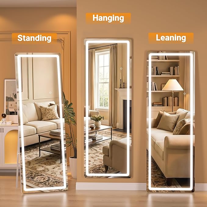 Full Length Mirror with Lights, 56" x 15.8" LED Lighted Floor Standing Body Mirror, Dimmable & 3 Color Lighting for Bedroom, Cloakroom, Dressing Room, Tempered Glass, White