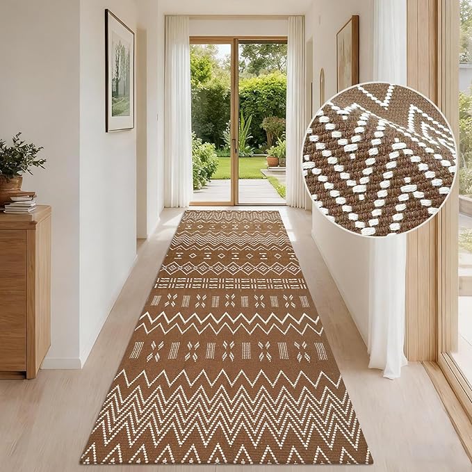 winolive Boho Runner Rug for Kitchen 2x6 ft Washable Braided Rug,Non Slip Rubber Backed Faux Jute Rug,Cotton Entryway Runner Rugs Floor Carpet for Indoor Backdoor Bedroom,Brown/White
