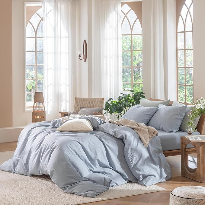 MooMee Bedding Duvet Cover Set 100% Washed Cotton Linen Like Textured Breathable Durable Soft Comfy (Heathered Cornflower Blue, Twin 68"x90")