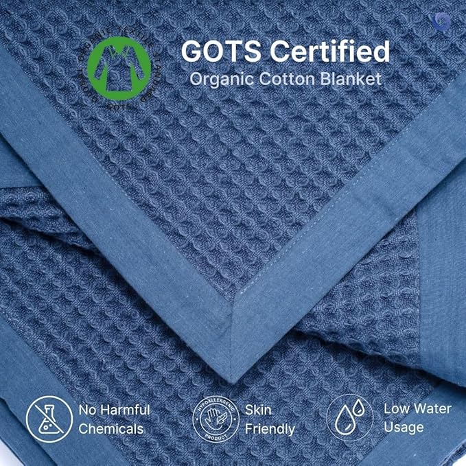 9Threads GOTS Certified Organic Cotton Waffle Weave Blanket, Queen Bed Size, 90"X90"Cozy Throw Blanket for Couch, Modern Home Decor Throw Blankets,Comfy Waffle Blanket Soft Bed Blankets -Navy Blue