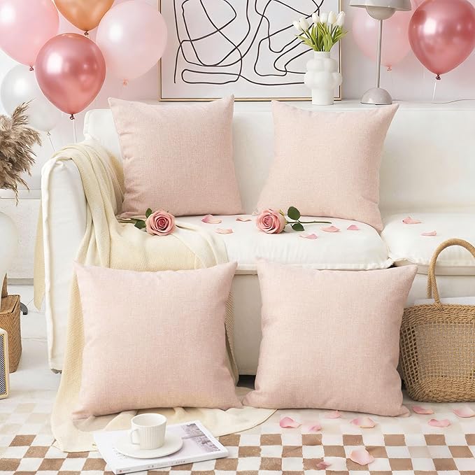 Home Brilliant Pillow Covers 18x18 Set of 4 Decorative Linen Cushion Covers Square Throw Pillows Covers for Valentine's Day Couch, Baby Pink, 18 inch, 4 Pcs