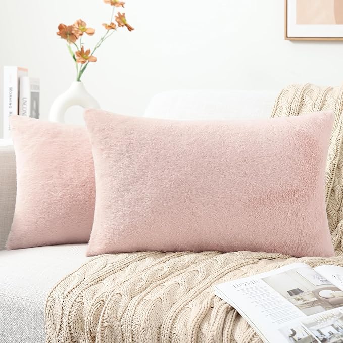Pallene Faux Fur Plush Lumbar Spring Throw Pillow Covers 12x20 Set of 2, Luxury Soft Fluffy Cozy Decorative Pillow Covers for Sofa, Couch, Living Room, Blush Pink