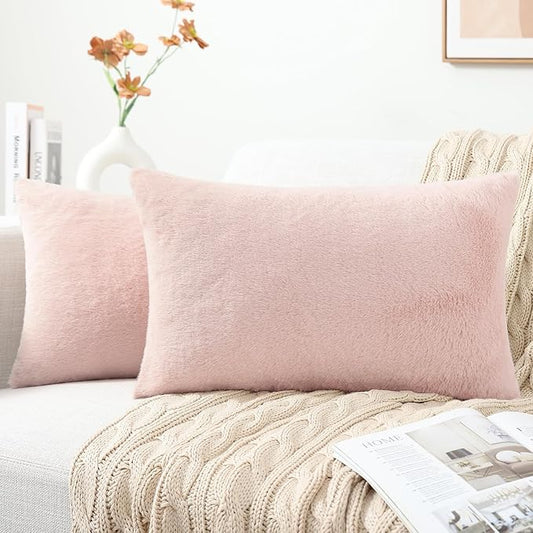 Pallene Faux Fur Plush Lumbar Spring Throw Pillow Covers 12x20 Set of 2, Luxury Soft Fluffy Cozy Decorative Pillow Covers for Sofa, Couch, Living Room, Blush Pink