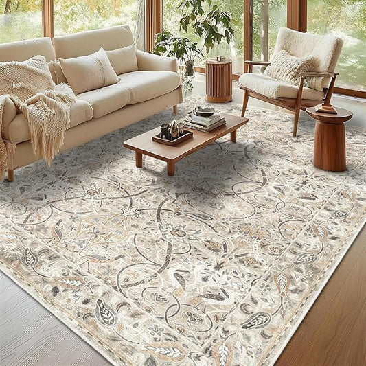 Fortsea 8x10 Large Beige Area Rug, Machine Washable Non Slip Low Pile Carpet for Spacious Room (8x10, Beige)