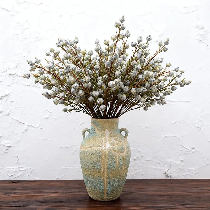 Large Ceramic Flower Vase, 9.8 Inch Tall Rustic Farmhouse Table Vase with 2 Handles, Handcrafted Glaze Textured Home Décor for Living Room, Bedroom, Bookshelf, Mantel, or Office