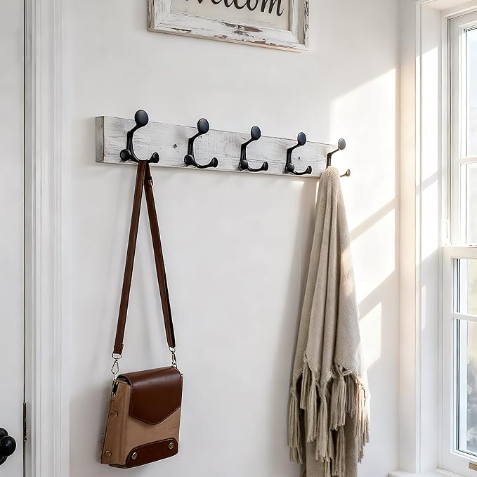 SKOLOO 30-Inch Wood Coat Rack Wall Mount with 5 Triple Hooks - Ideal for Family Entrances, Classrooms, and Pet Supplies Storage - Perfect Coat Hooks for Wall,Distressed White Wash, Pack of 2
