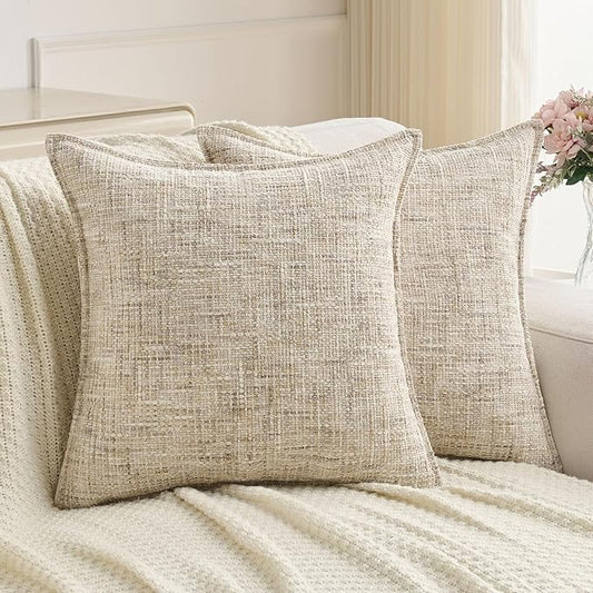 FUTEI Beige Decorative Throw Pillow Covers 16x16 Inch Set of 2,Soft Chenille Tweed Textured Cushion Case,Modern Home Decor for Couch Bed Living Room