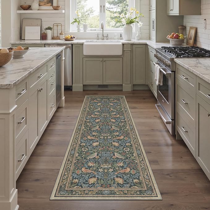 Bavni Boho 2x3 Washable Entryway Rug, Botanical Vintage Bird Door Mat Non Slip, Low Pile Soft Thin Blue Green Carpet Stain Resistant, Small Floral Area Rugs for Bedroom, Bathroom, Laundry, Kitchen