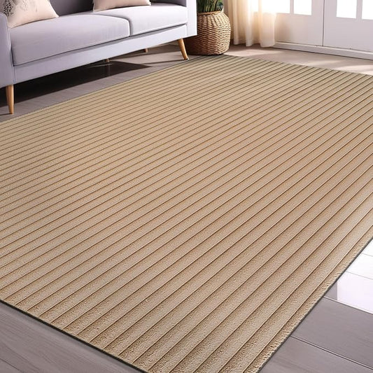 Beverly Rug Non Slip Area Rug 5 x 7 Modern Durable Ultra Soft Ribbed Indoor Rugs for Living Dining Room Office Stain Resistant Non Shedding Casual Easy Shag Indoor Carpet Beige 5x7