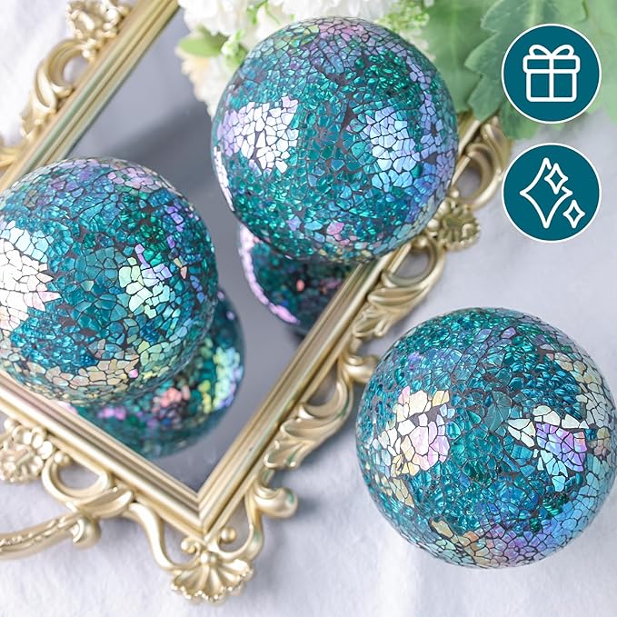DomeStar 3PCS Decorative Balls for Bowls, 4 Inch Turquoise Orbs Glass Balls for Centerpiece Bowls Mosaic Sphere for Home Decoration Dining Table