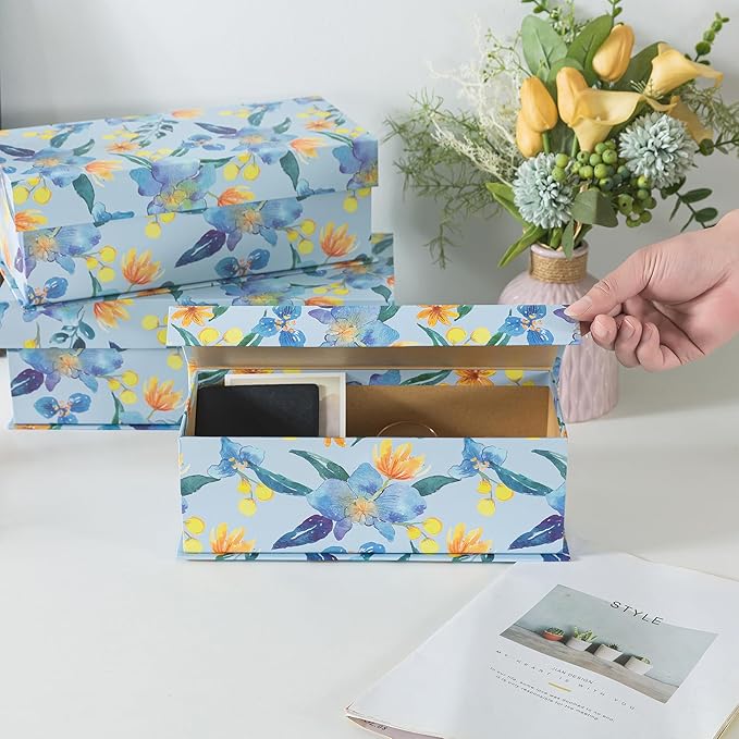 Soul & Lane Blue and Yellow Decorative Storage Boxes with Lids - Set of 3 - Sunlit Garden Delight: Floral Memory Keepsake Boxes with Magnetic Closure, Cardboard Storage for Photos, Organizing, Gifts