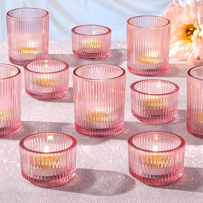 20pcs Assorted Ribbed Pink Votive Candle Holders, Baby Shower Decorations for Girl, Tea Light Candle Holder for Wedding Table Decor, Mother' s Day, Bridal Shower and Party Decorations