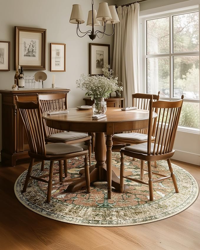 RELEANY Area Rugs 5ft Washable Non-Slip, Floral Vintage Distress Print Pattern Medallion Carpet for Living Room Bedroom Dining Room, Brick Red Rust Neutral Brown Burnt Orange