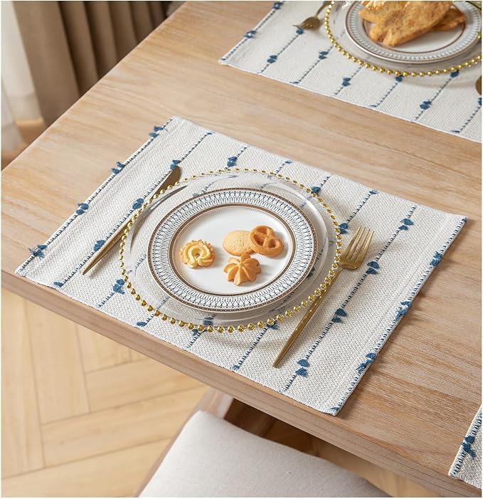 Boho Placemats Set of 4 for Dining Table Decor, Woven Cloth Place Mats for Farmhouse Rustic Kitche Home Decor, Cotton Placemats 13 x 19 Inch, Blue and Beige Table mats
