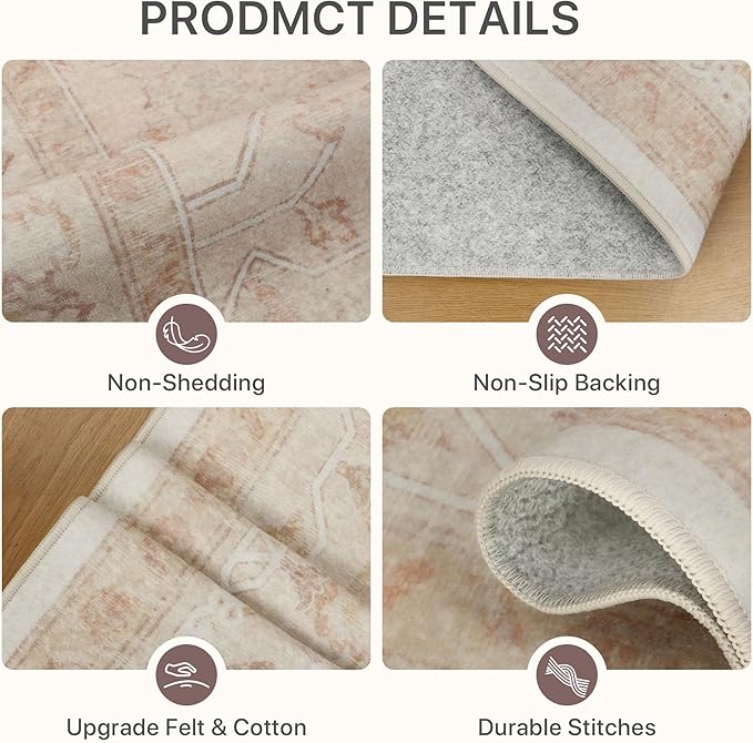 BESBLEE 6x9 Area Rugs for Living Room, Machine Washable Rug, Non Slip Vintage Rugs, Low Pile Lightweight Print Rug for Bedroom, Dining Room, Home Office, Pink