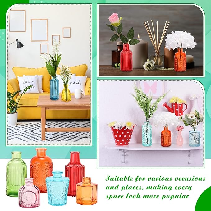 Yaomiao 30 Pcs Vases Bulk Colored Flower Glass Bud Vases Valentine Vintage Colored Glass Bottles Colorful Rustic Embossed for Home Wedding Table Decorations Gifts(Bright Color)