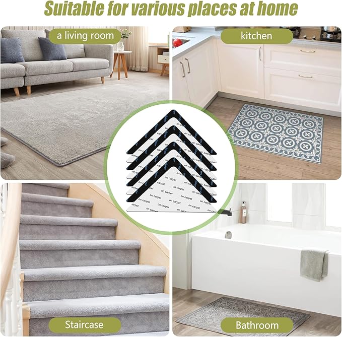 24 Pcs Rug Tape, Non Slip Carpet Tape for Hardwood Floors, Double-Sided Adhesive Rug Stickers Keep Corners Flat, No Residue/BPA-Free