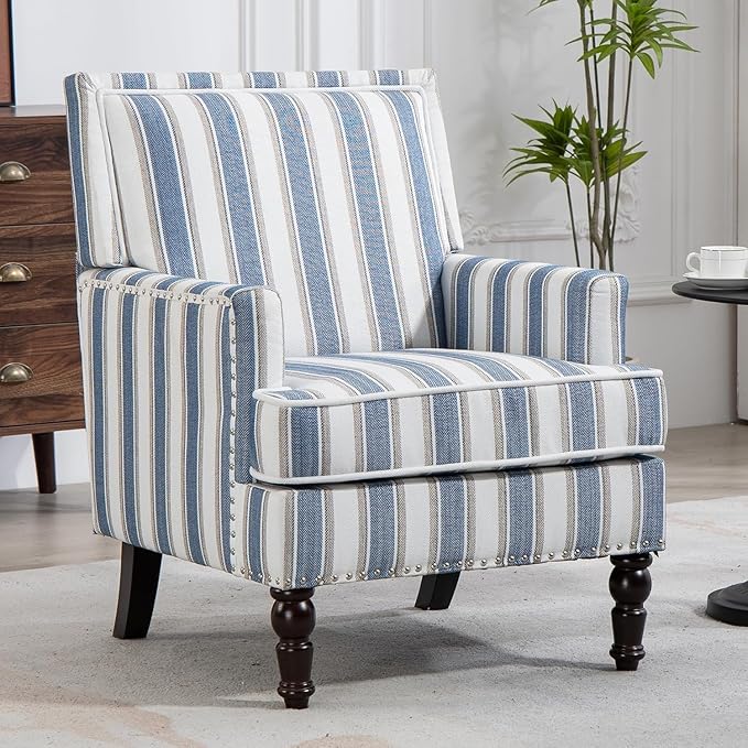 Yogald Vintage Striped Accent Armchair, Mid Century Corner Chair with Nail-Head Trim, Comfy Upholstered Reading Chair, Mediterranean Chair for Living Room Bedroom Guest Room (Blue and White Linen)