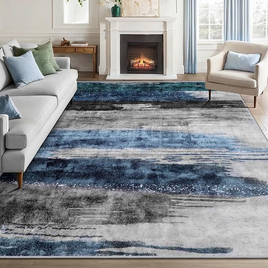 Ciicool Modern Abstract Deep Blue Gray Rug for Living Room, 6'x9' Machine Washable Area Rug Non-Slip Rug, Low-Pile Contemporary Indoor Dining Floor Carpet for Bedroom Office Under Table Home Decor